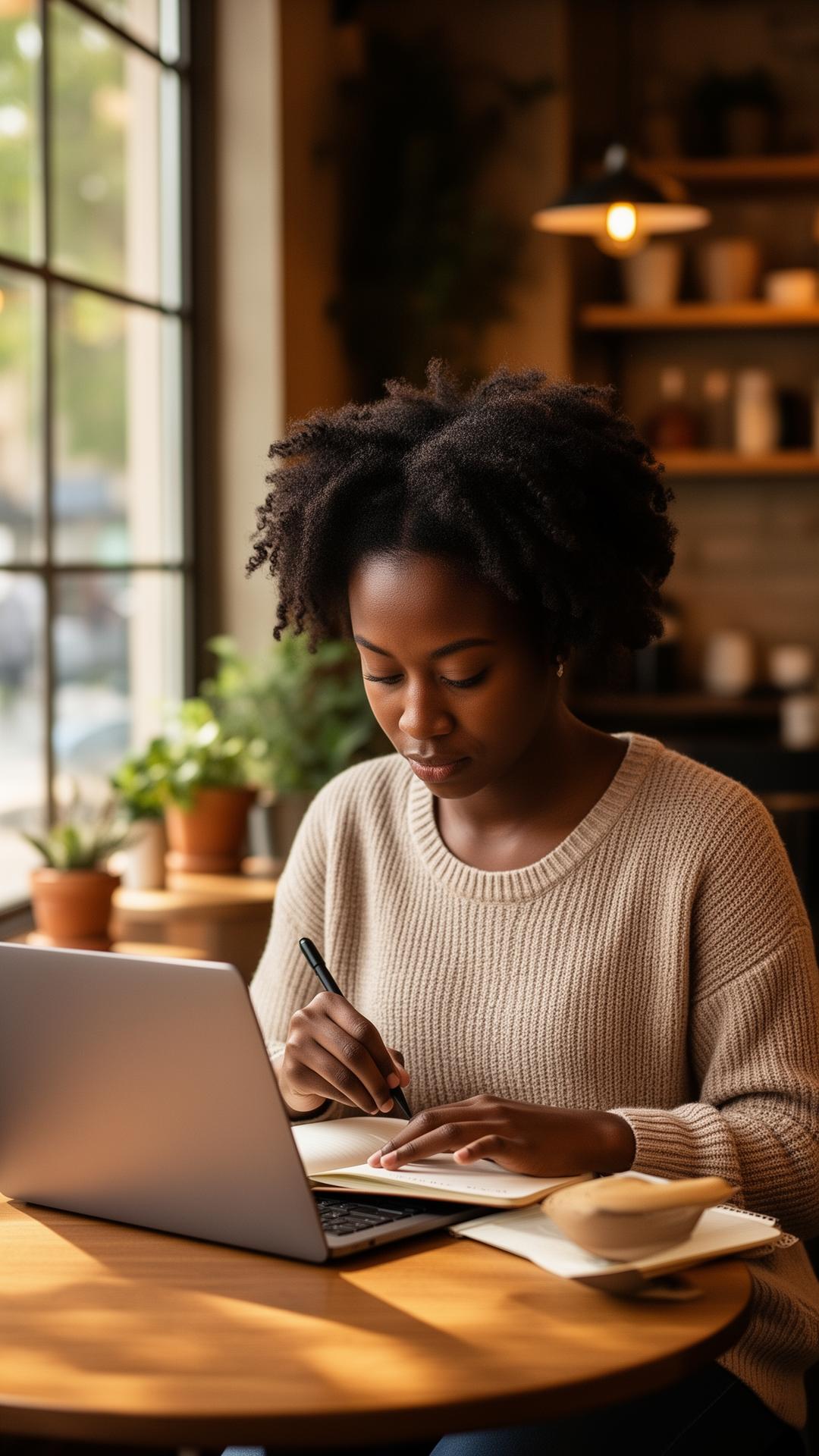 Focused student studying with a laptop in a warm-lit café