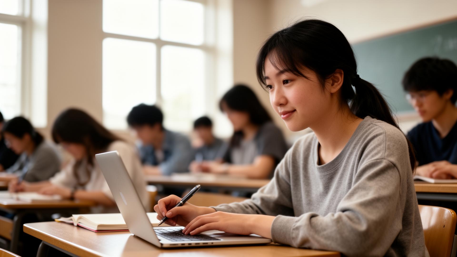 Student taking notes on a laptop in a lecture hall