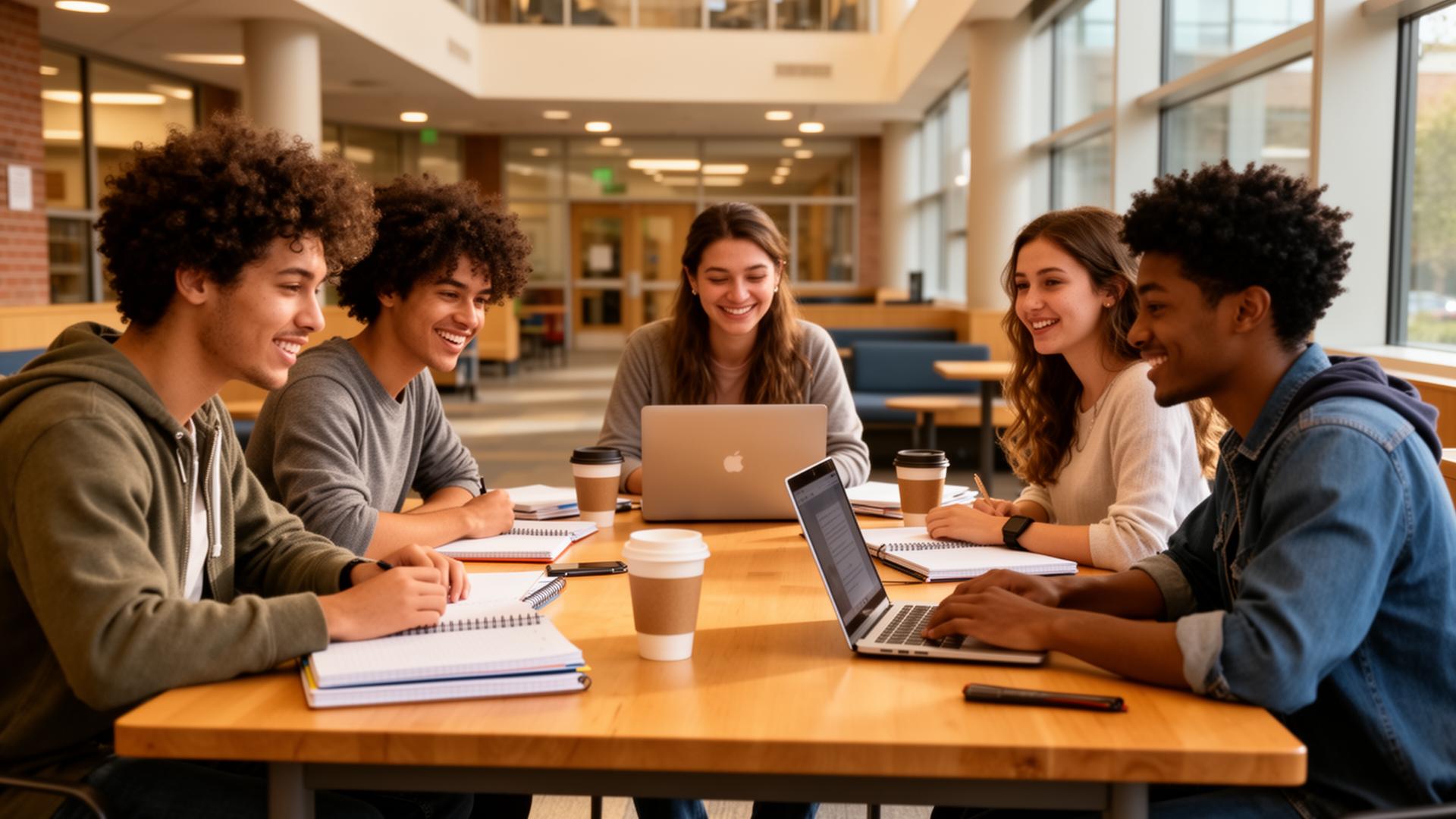 Diverse group of college students studying together around a table